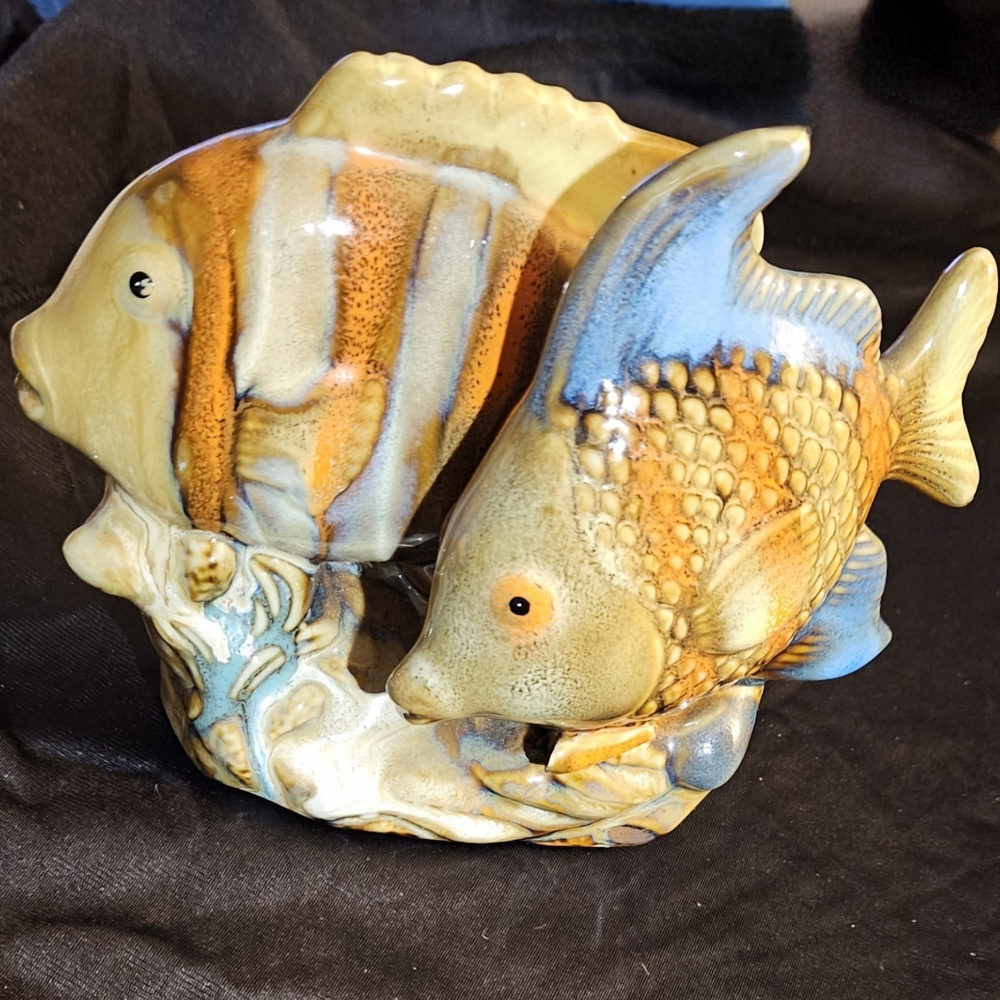 Two Glossy Fish on Coral Ceramic Figurine Sculpture.